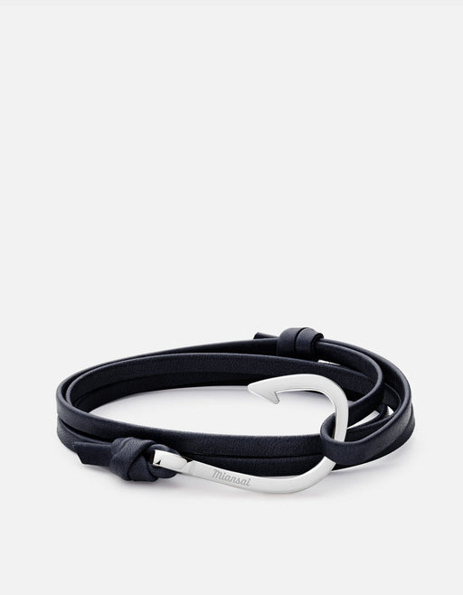Miansai Hooks/Anchors Hook Leather, Silver Navy Blue / Stainless Steel / Monogram: No